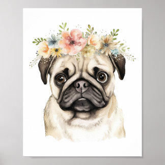 Boho Pug Hund Flower Krona Watercolor Poster