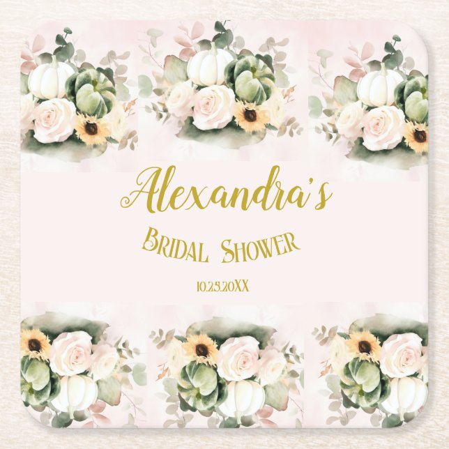 Boho Pumpa Pampasgräs Elegant Bröllopsdusch Underlägg Papper Kvadrat (Framsidan)