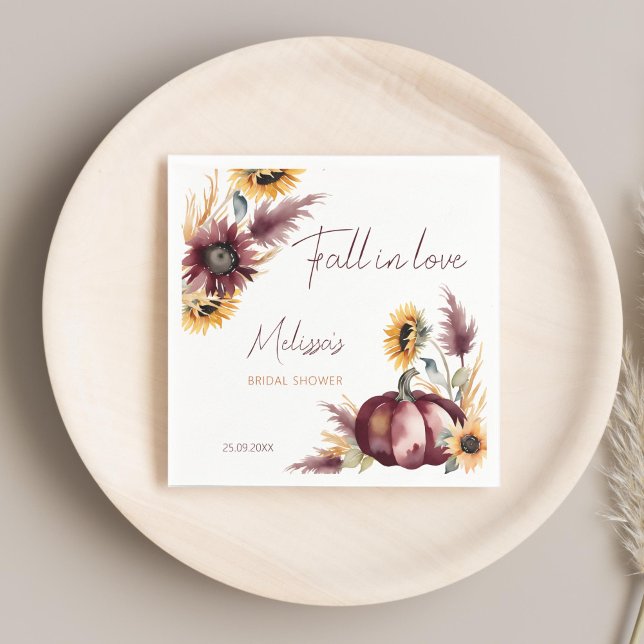 Boho pumpa solros bröllopsdusch förälskad pappersservett (Fall in love boho pumpkin sunflowers autumn bridal shower personalized printed napkins template )