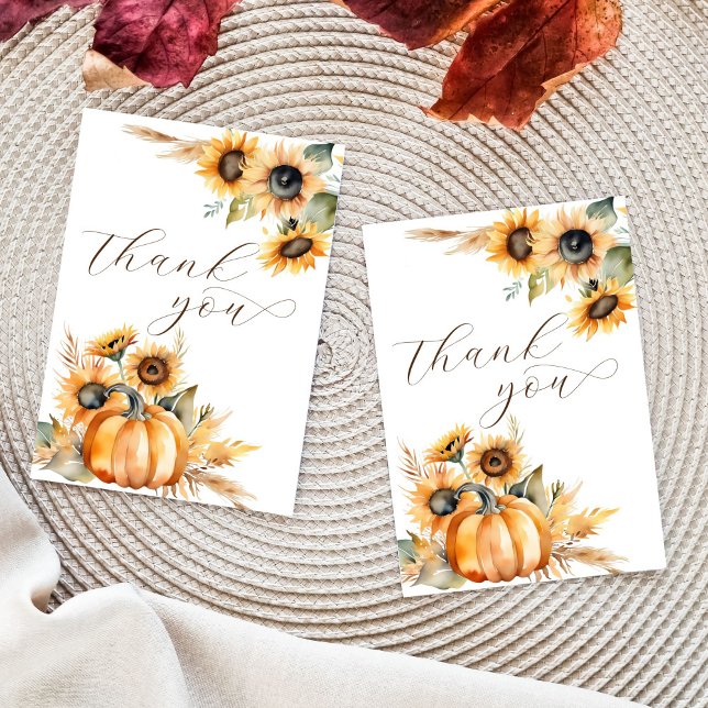 Boho pumpa solros bröllopsdusch förälskad tack kort (Boho fall themed bridal shower wedding thank you cards template earthy pumpkins sunflowers pampas)