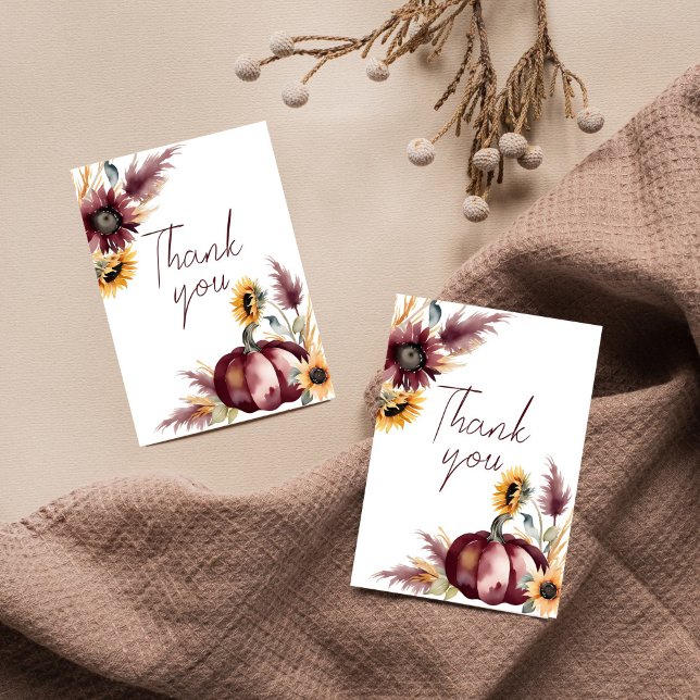 Boho pumpa solros bröllopsfest förälskad tack kort (Fall in love boho bridal shower thank you cards burgundy pumpkin sunflowers pampas grass thank you)