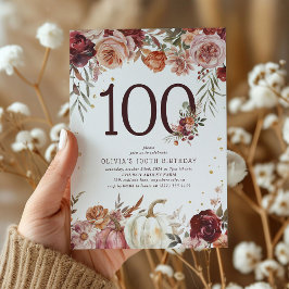 Boho Pumpkin Autumn Bloom 100th Birthday Inbjudningar