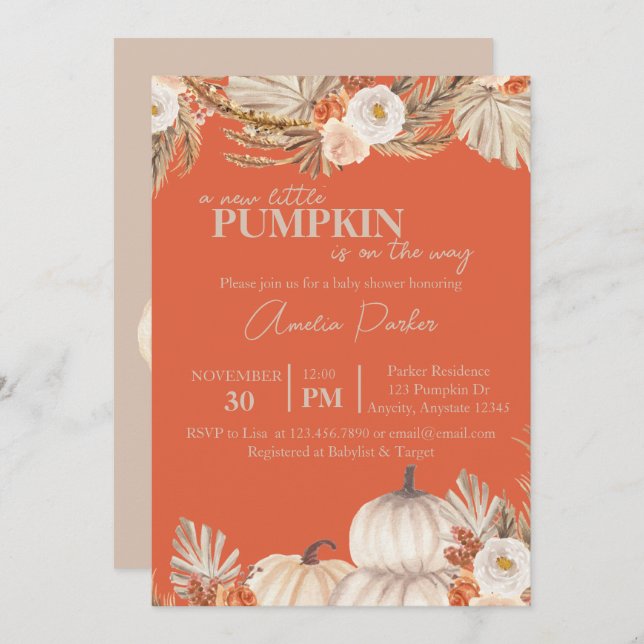 Boho Pumpkin Baby Shower-inbjudan Inbjudningar (Fram/baksida)