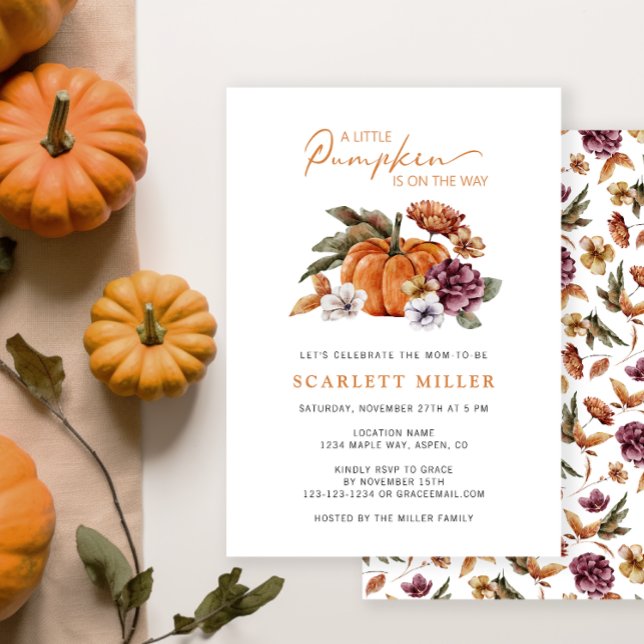 Boho Pumpkin Baby Shower Inbjudningar (A Little Pumpkin Is On The Way Baby Shower Invitation Fall Autumn Watercolor Floral)