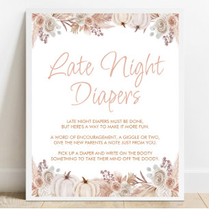 Boho Pumpkin Baby Shower Late Night Diaper Sign Poster