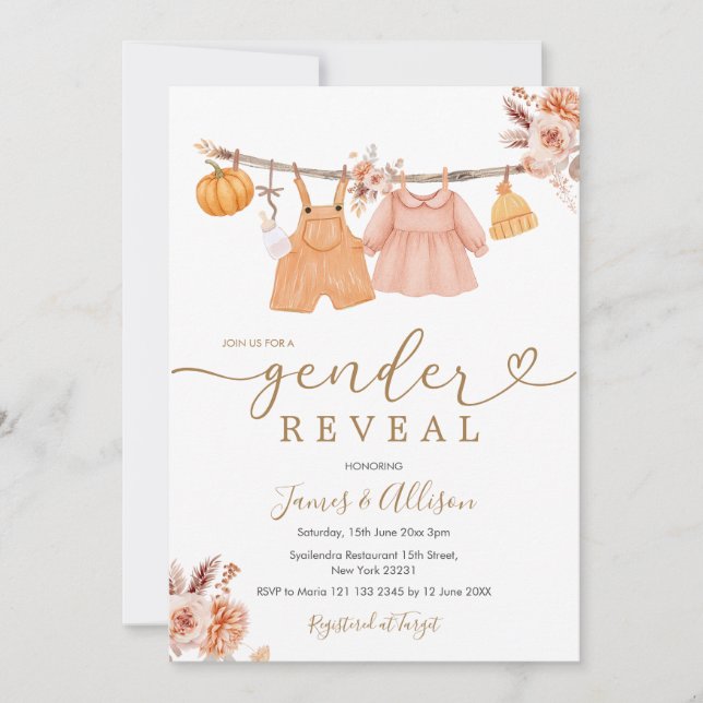 Boho Pumpkin Barnkläder Gender Reveal Inbjudningar (Framsida)