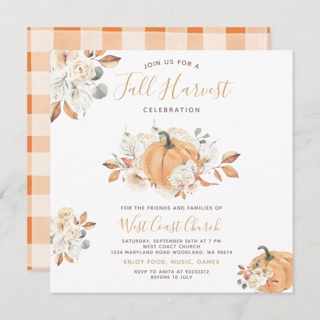 Boho Pumpkin Fall Harvest Party, Fall Community Inbjudningar (Fram/baksida)