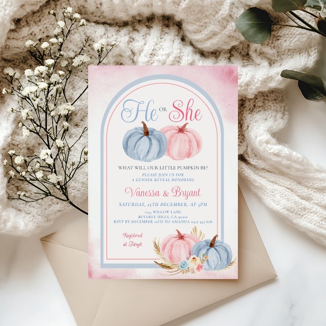 Boho Pumpkin Gender Reveal Rosa & Blue Blommigt Inbjudningar (Skapare uppladdad)
