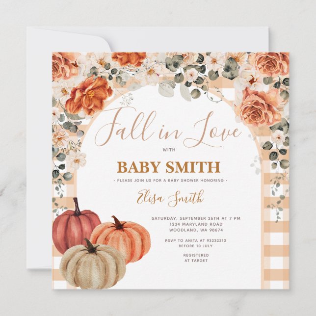 Boho Pumpkin Gingham Fall in kärlek Baby Shower Inbjudningar (Framsida)