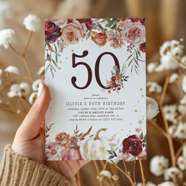 Boho Pumpkin Höstens Blomning 50-års Födelsedag Inbjudningar (Skapare uppladdad)