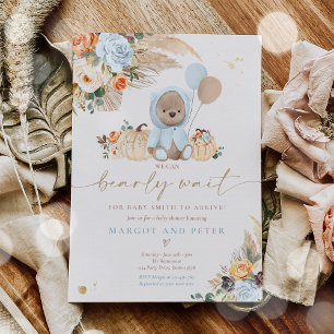 Boho Pumpkin Nalle Blue Boy Baby Shower Inbjudningar