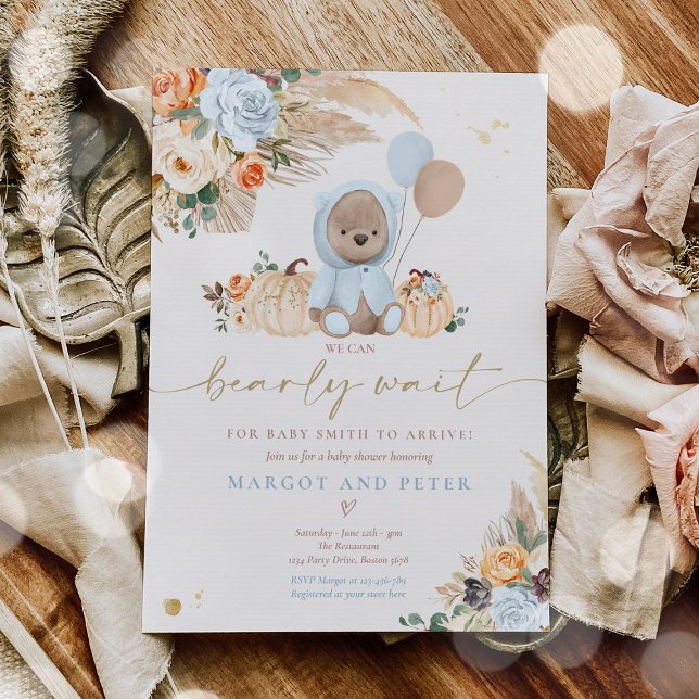 Boho Pumpkin Nalle Blue Boy Baby Shower Inbjudningar (Skapare uppladdad)