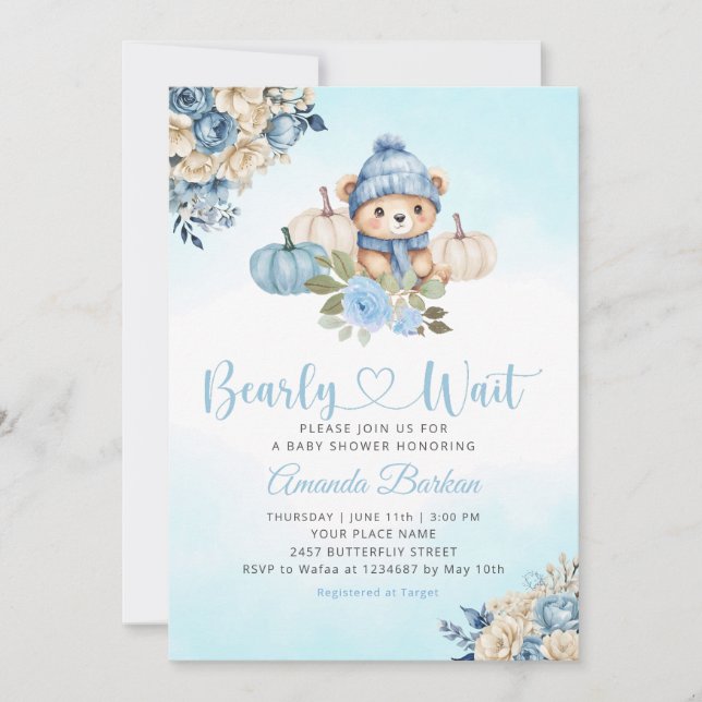 Boho Pumpkin Nalle Blue Boy Bear Baby Shower Inbjudningar (Framsida)