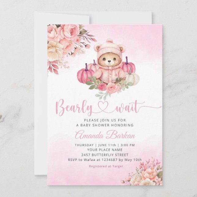 Boho Pumpkin Nalle Rosa Girl Baby Shower Inbjudningar (Framsida)