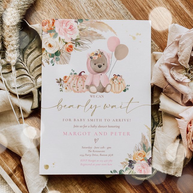Boho Pumpkin Nalle Rosa Girl Baby Shower Inbjudningar (Skapare uppladdad)