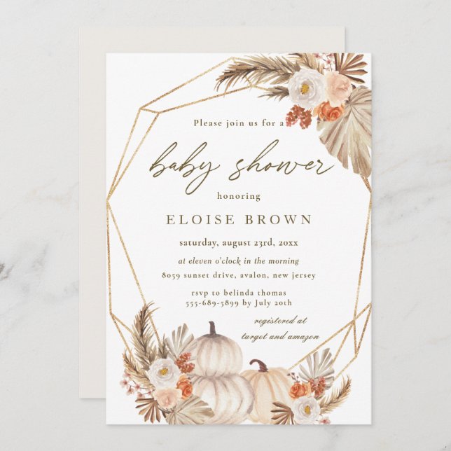 Boho Pumpkin Pampas Grass Blommigt Baby Shower Inv Inbjudningar (Fram/baksida)