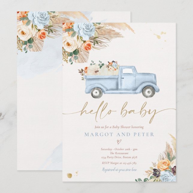 Boho Pumpkin Pickup Lastbil Blue Boy Shower Inbjudningar (Fram/baksida)