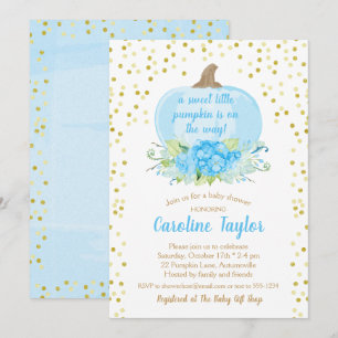 Boho Pumpkin Pojke Shower Watercolor Blue Guld Inbjudningar