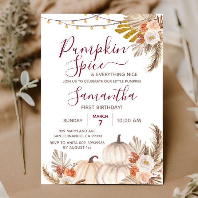 Boho Pumpkin Spice & Allting Nice 1:a födelsedagen Inbjudningar (Skapare uppladdad)