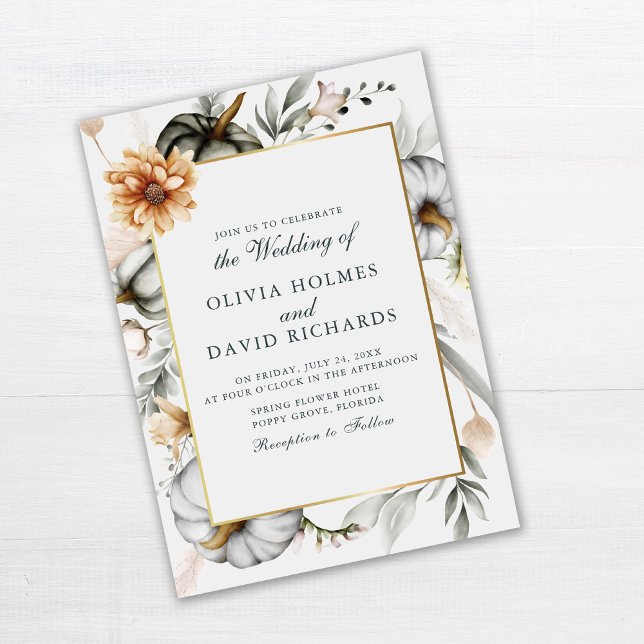 Boho Pumpkins med Wildblommor Bröllop Inbjudningar (Boho Pumpkins with Wildflowers Wedding Invitation on white wooden table)