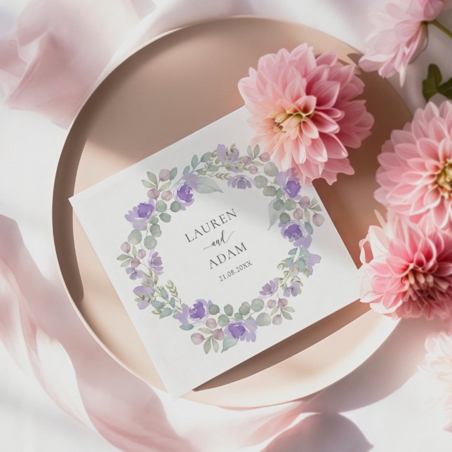 Boho Purple Floral Wreath Wedding Pappersservett (Skapare uppladdad)