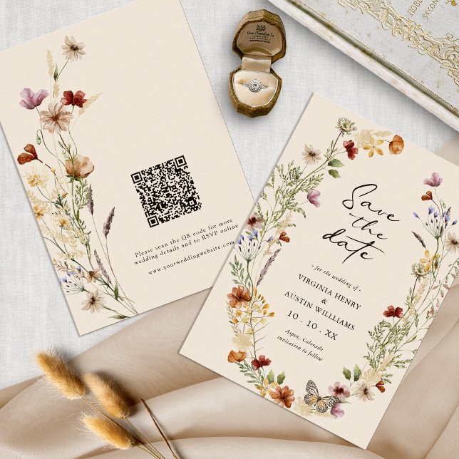Boho QR-kod Spara datum Datumet (Tan Wildflower Boho Floral QR Code Save The Date by Painted Paperie
)