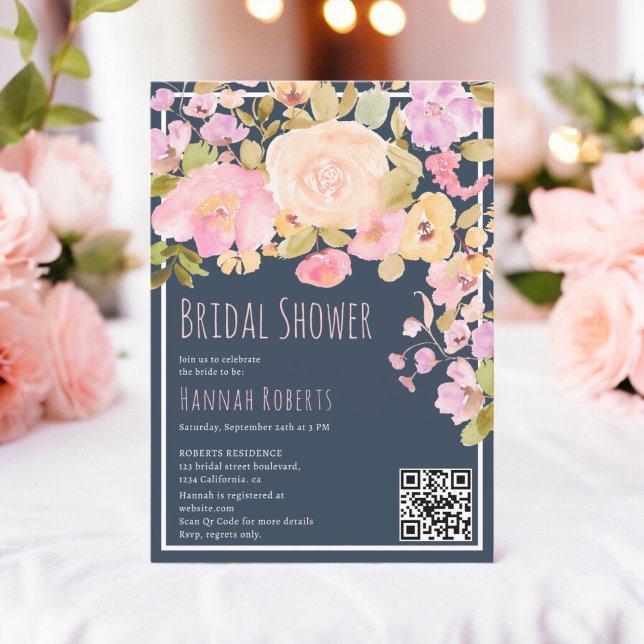 Boho QR Pastel Rosa Peach Blommigt Möhippa Inbjudningar (Boho QR Pastel Pink peach Floral Bridal Shower Invitation on midnight blue)