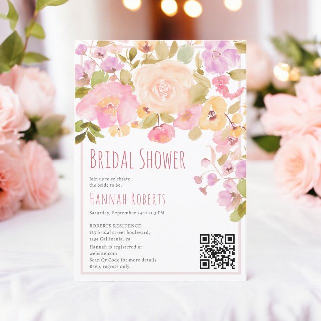 Boho QR Pastel Rosa Peach Blommigt Möhippa Inbjudningar (Boho QR Pastel Pink peach Floral Bridal Shower Invitation on white)