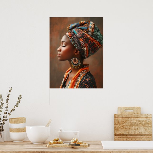 Boho Queen: African Dam in Traditional Scarf Wall Poster (Kök)