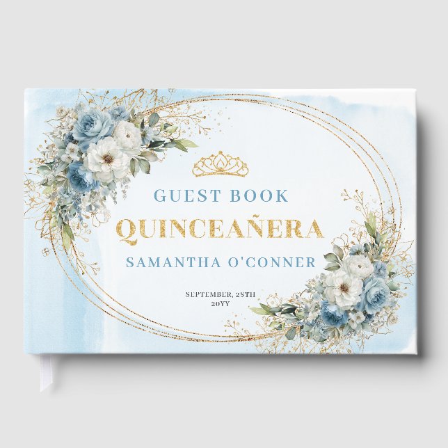 Boho Quinceañera dammig blå guld eukalyptus  Gästböcker (Framsida)