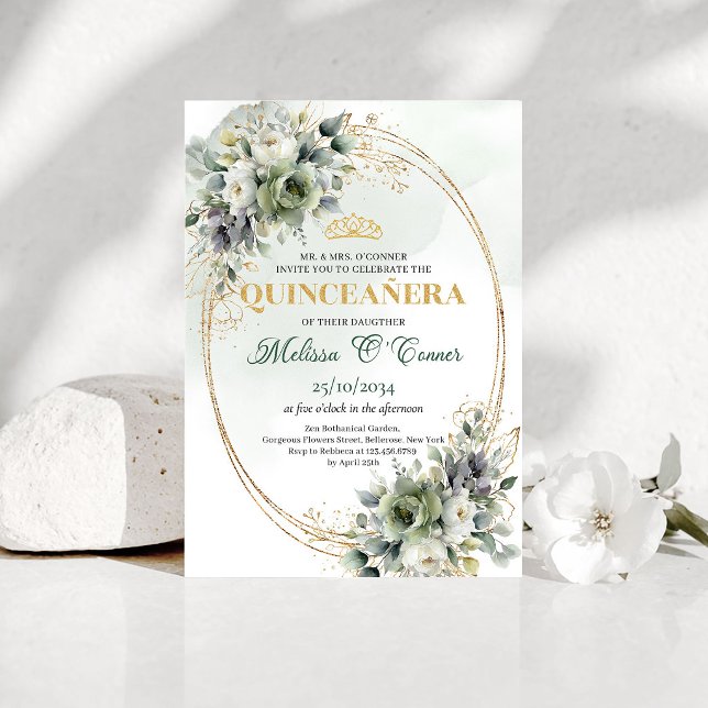 Boho Quinceañera Grönska Guld 15-årsdag  Inbjudningar (Boho Quinceañera Greenery Gold 15th Birthday Invitation)