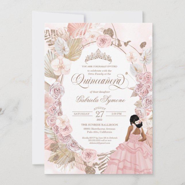 Boho Quinceanera  Rosa Inbjudan till torkad Blommi (Framsida)