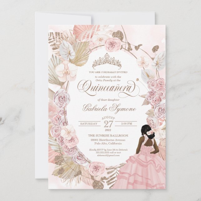 Boho Quinceanera Rosa ros Torkad Blommigt Orchid I Inbjudningar (Framsida)