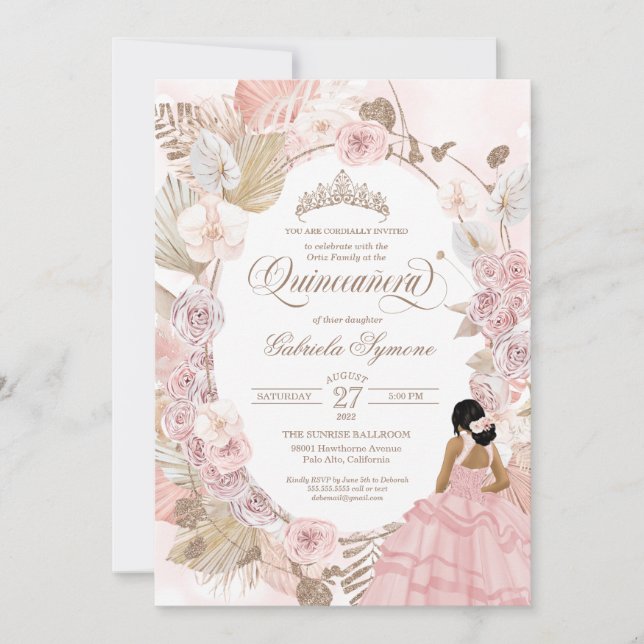 Boho Quinceanera  Rosa Torkad Blommigt Inbjudningar (Framsida)