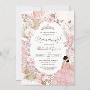 Boho Quinceanera Rosa Torkad Blommigt Inbjudningar