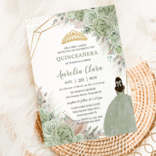 Boho Quinceanera Sage Grönt Blommigt Pampas Grass Inbjudningar