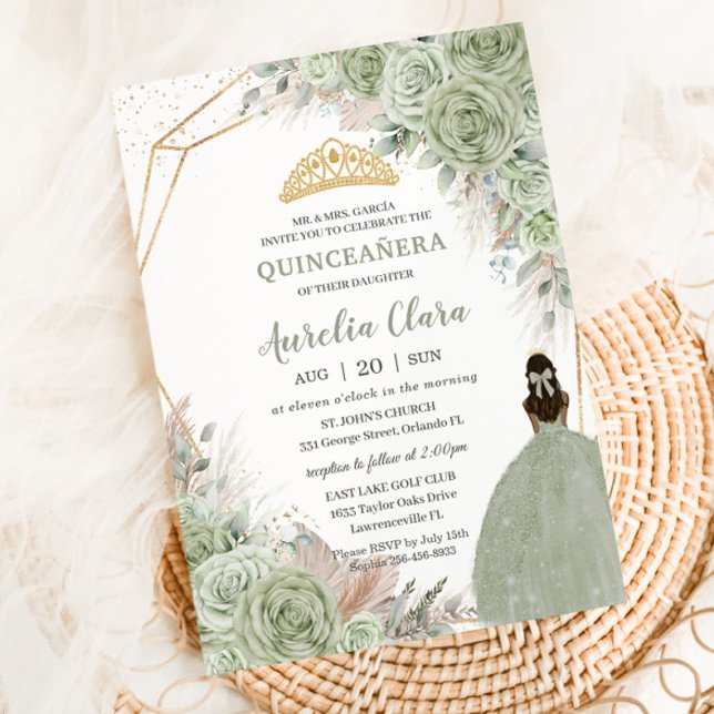 Boho Quinceanera Sage Grönt Blommigt Pampas Grass Inbjudningar (Skapare uppladdad)
