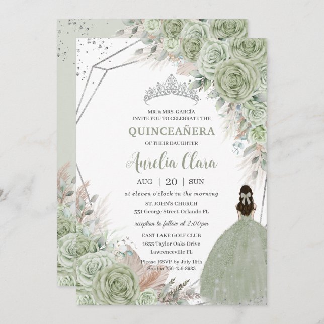 Boho Quinceañera Sage Grönt Blommigt Pampas Grass Inbjudningar (Fram/baksida)