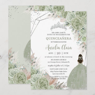 Boho Quinceañera Sage Grönt Blommigt Pampas Grass Inbjudningar