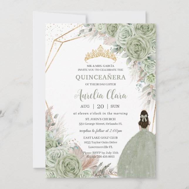 Boho Quinceañera Sage Grönt Blommigt Pampas Grass Inbjudningar (Framsida)