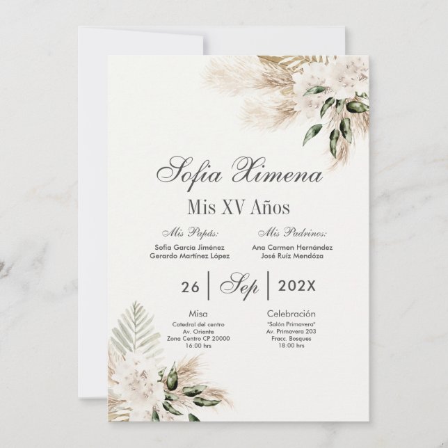 Boho Quinceanera Spanska Inbjudningar (Framsida)