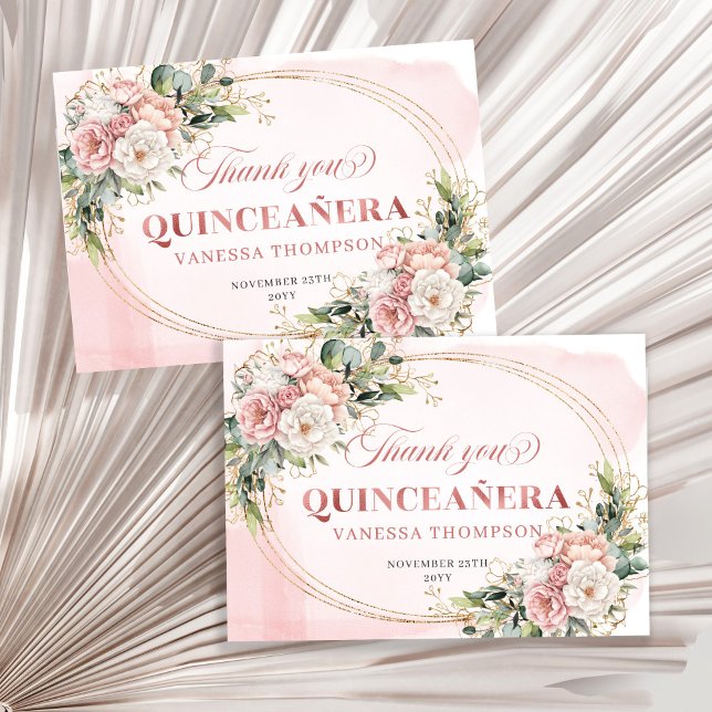 Boho Quinceañera Thank You Card Rose Gold Floral  Tack Kort (Boho Quinceañera Thank You Card Rose Gold Floral Eucalyptus)