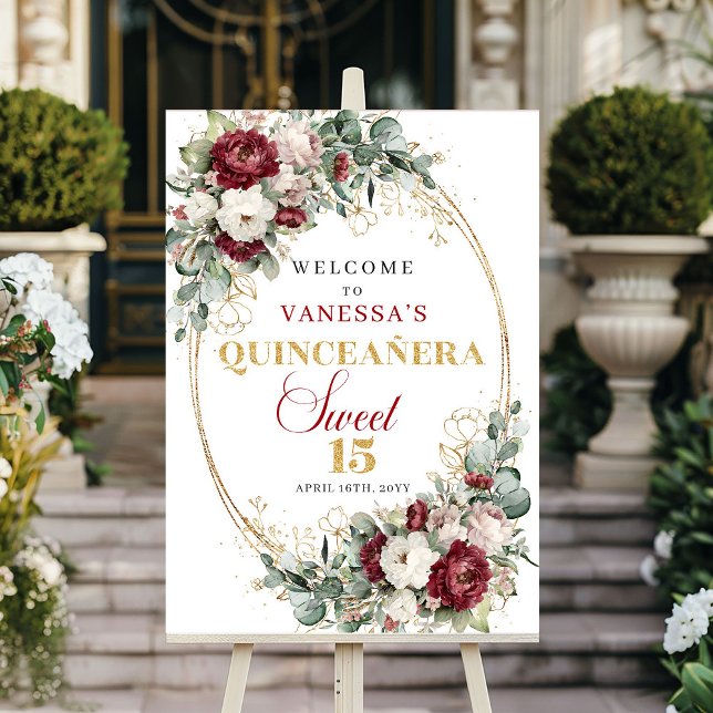 Boho Quinceanera välkomstskylt burgunderröd blomma Poster (Boho Quinceanera Welcome Sign Burgundy Floral Gold Mars)
