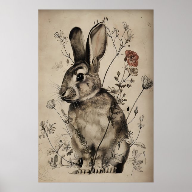 Boho Rabbit Bunny Flower Print, Rustic Hare Poster (Framsidan)