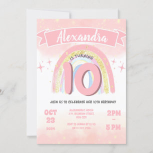 Boho Rainbow 10th any age Birthday Girl Glitter Inbjudningar