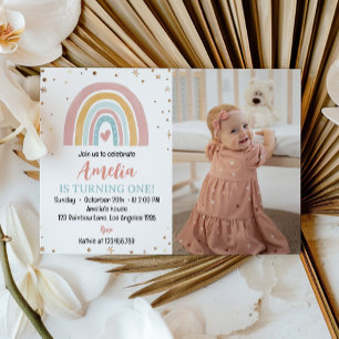 Boho Rainbow 1:a födelsedag Fotoinbjudan Tack Kort
