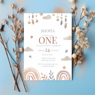Boho Rainbow 1:a födelsedagsinbjudan Inbjudningar