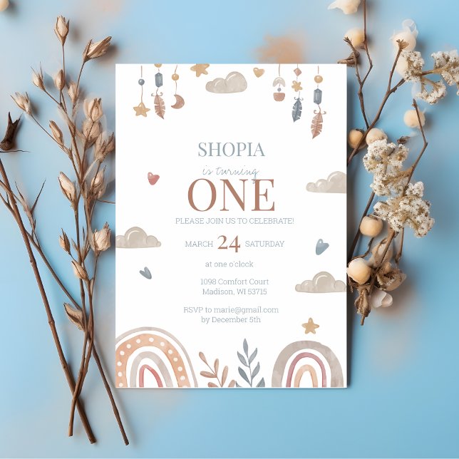 Boho Rainbow 1:a födelsedagsinbjudan Inbjudningar (Skapare uppladdad)
