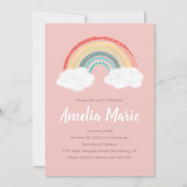Boho Rainbow 1st Birthday Party Rosa Girl Inbjudningar (Framsida)