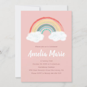 Boho Rainbow 1st Birthday Party Rosa Girl Inbjudningar